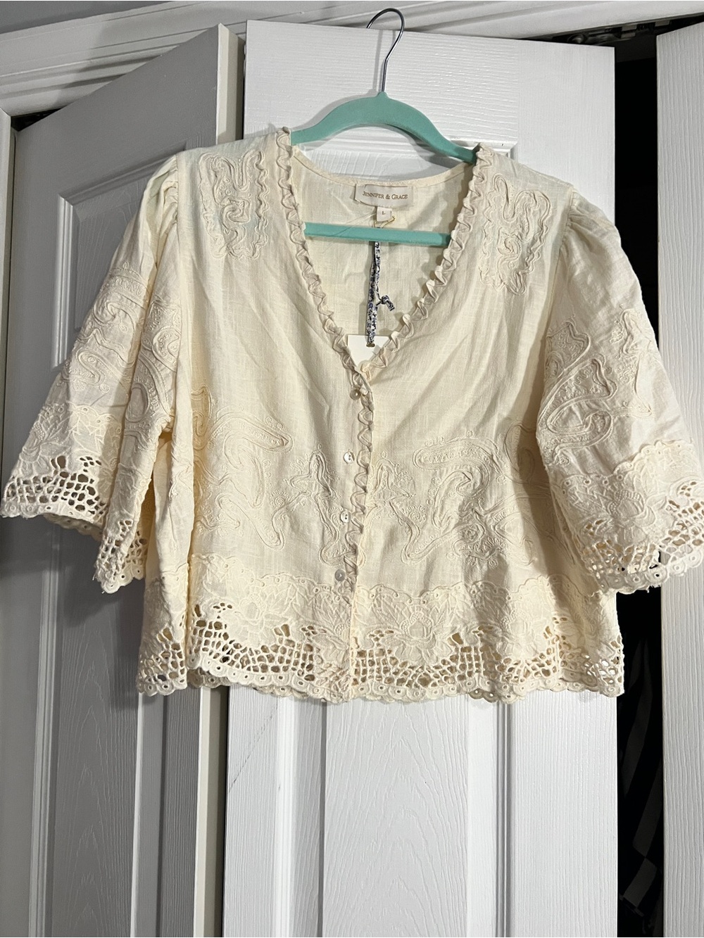 Jennifer & Grace Cream Embroidered Lace-Trim Button Front Blouse